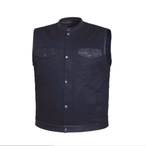 Men's Black Denim Club Vest with Leather Trim