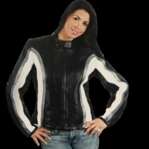 Ladies Leather Jacket with Gray & White Stripe
