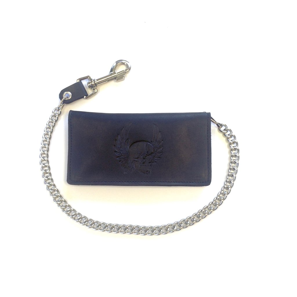 Leather Trucker Chain Wallet - Black Bi-Fold with Skull