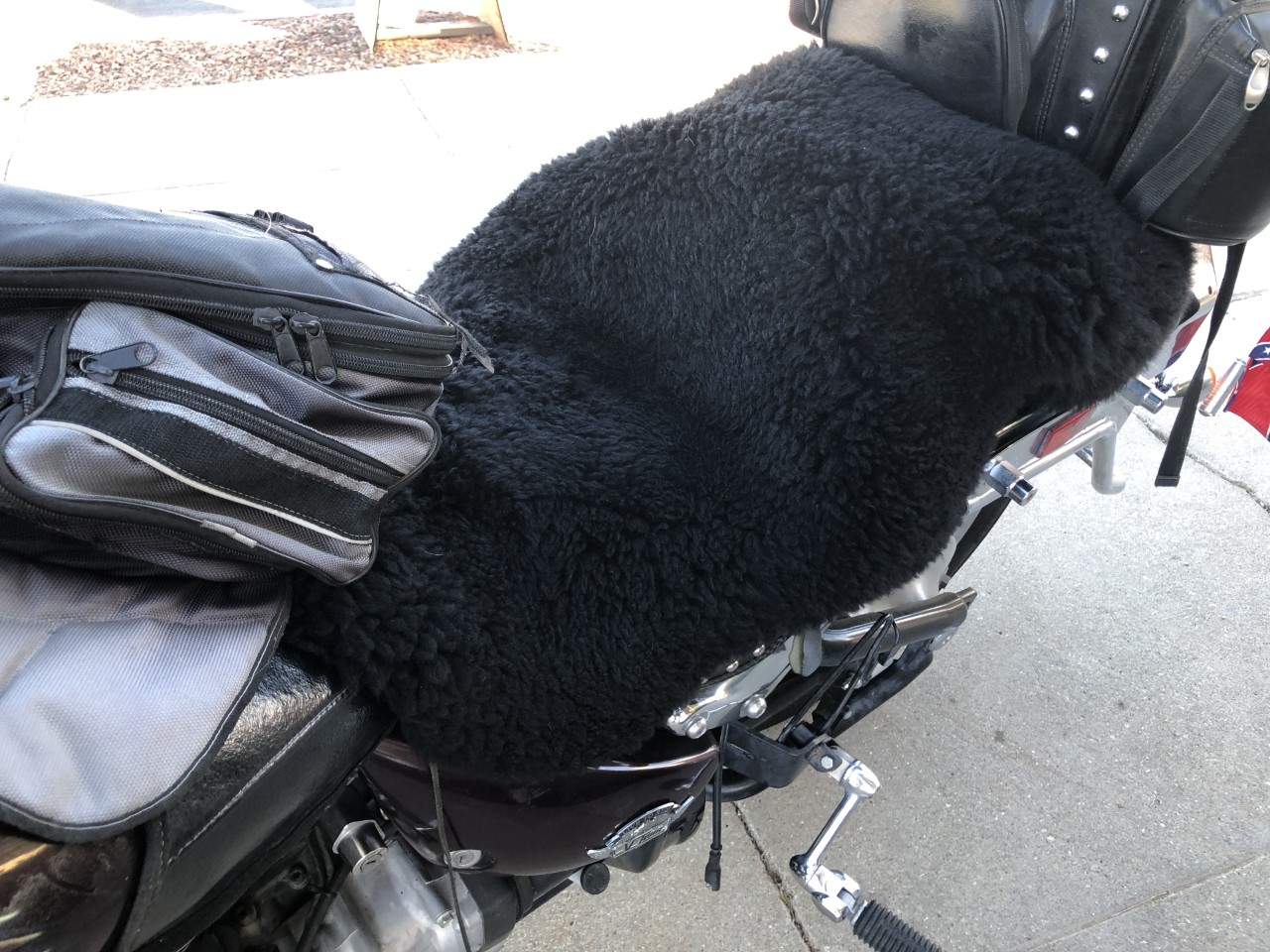 Motorcycle Seat SheepSkins Cover.  Fits Big Bikes Up and Onto the Back Passenger Seat.
