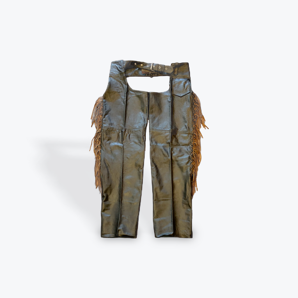 Black Leather Chaps with Brown Fringe front