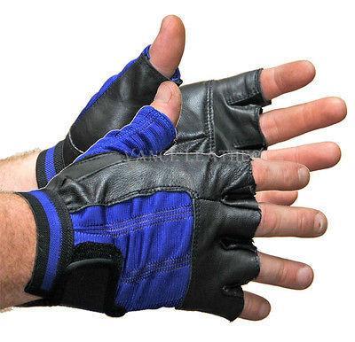 Blue Spandex and Leather Fingerless Gloves