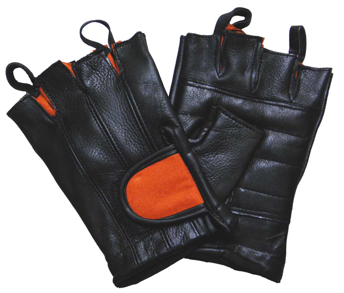 Black & Orange Padded Palm Fingerless Glove with Pull Tabs