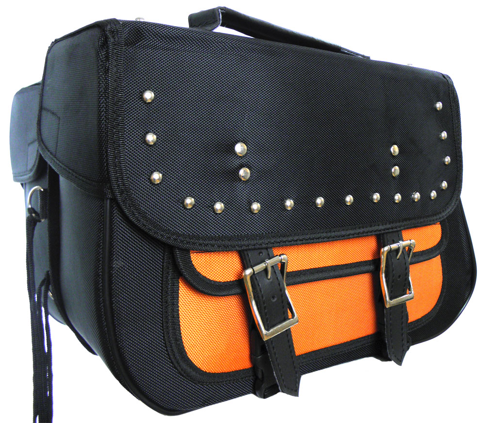 Textile Studded Zip-Off Saddle Bag Black & Orange