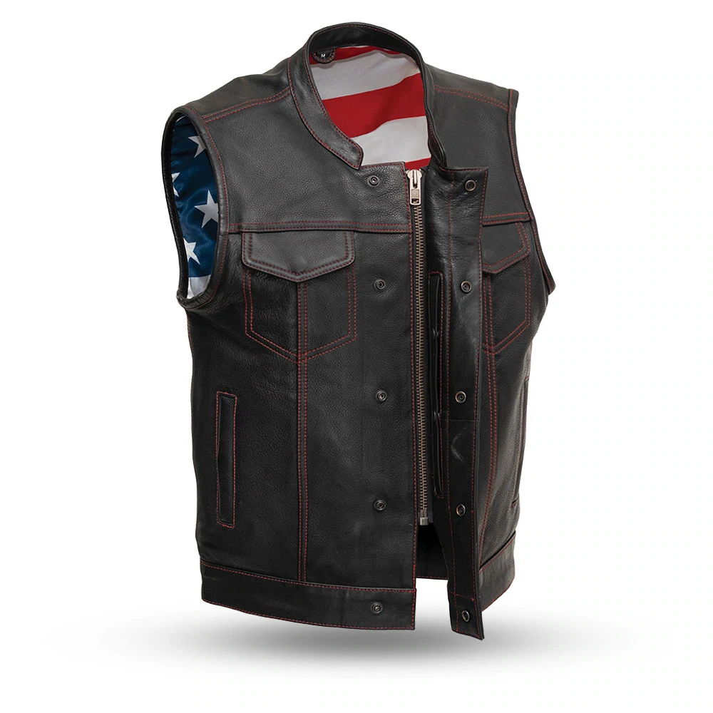 Born Free Men's Motorcycle Leather Vest Red Stitch