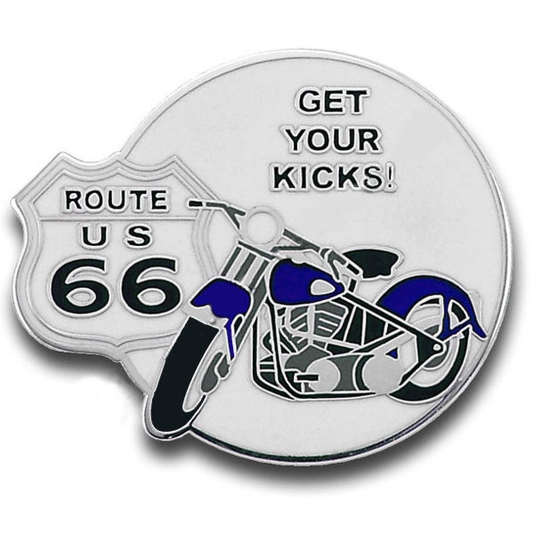 Get Your Kicks! Route 66 Blue Motorcycle Pin