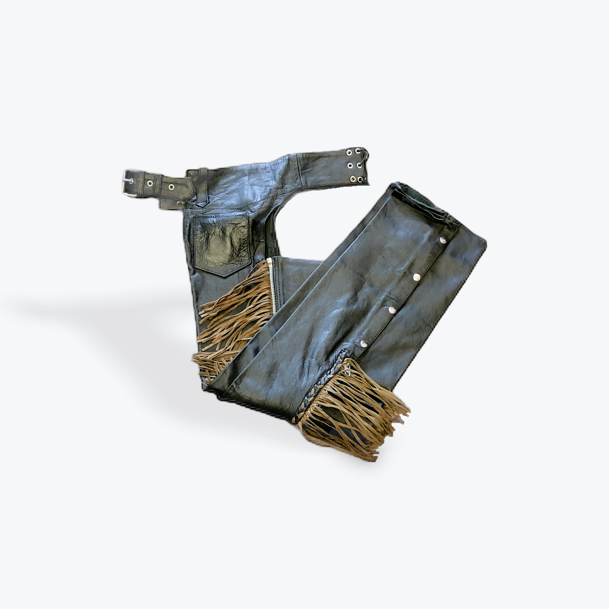 Black Leather Chaps with Brown Fringe