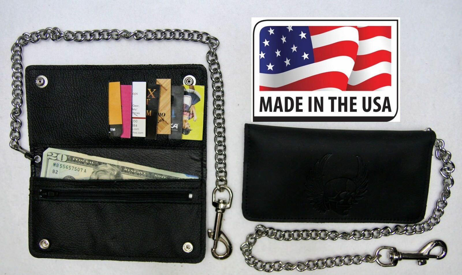 Leather Trucker Chain Wallet - Black Bi-Fold with Skull Made in USA