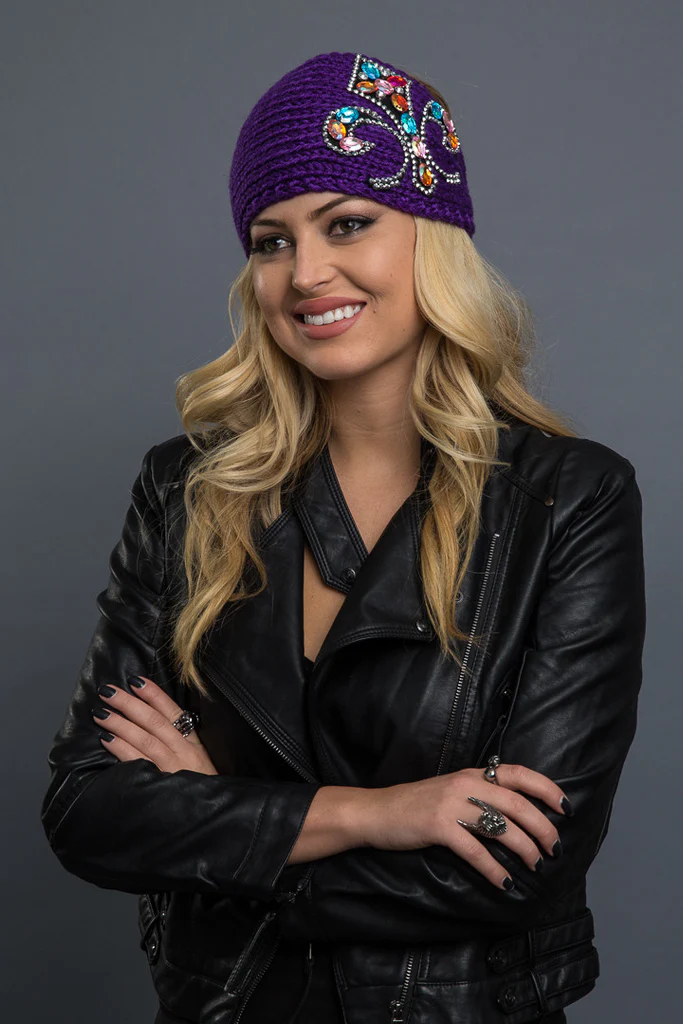 Bling Fleur de-Lis Knit Headband purple