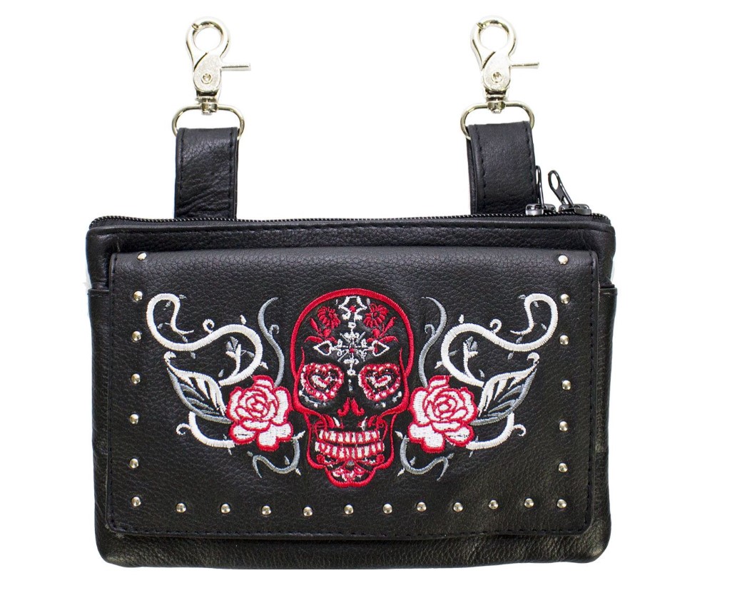 Studded Sugar Skull Leather Belt Bag Red
