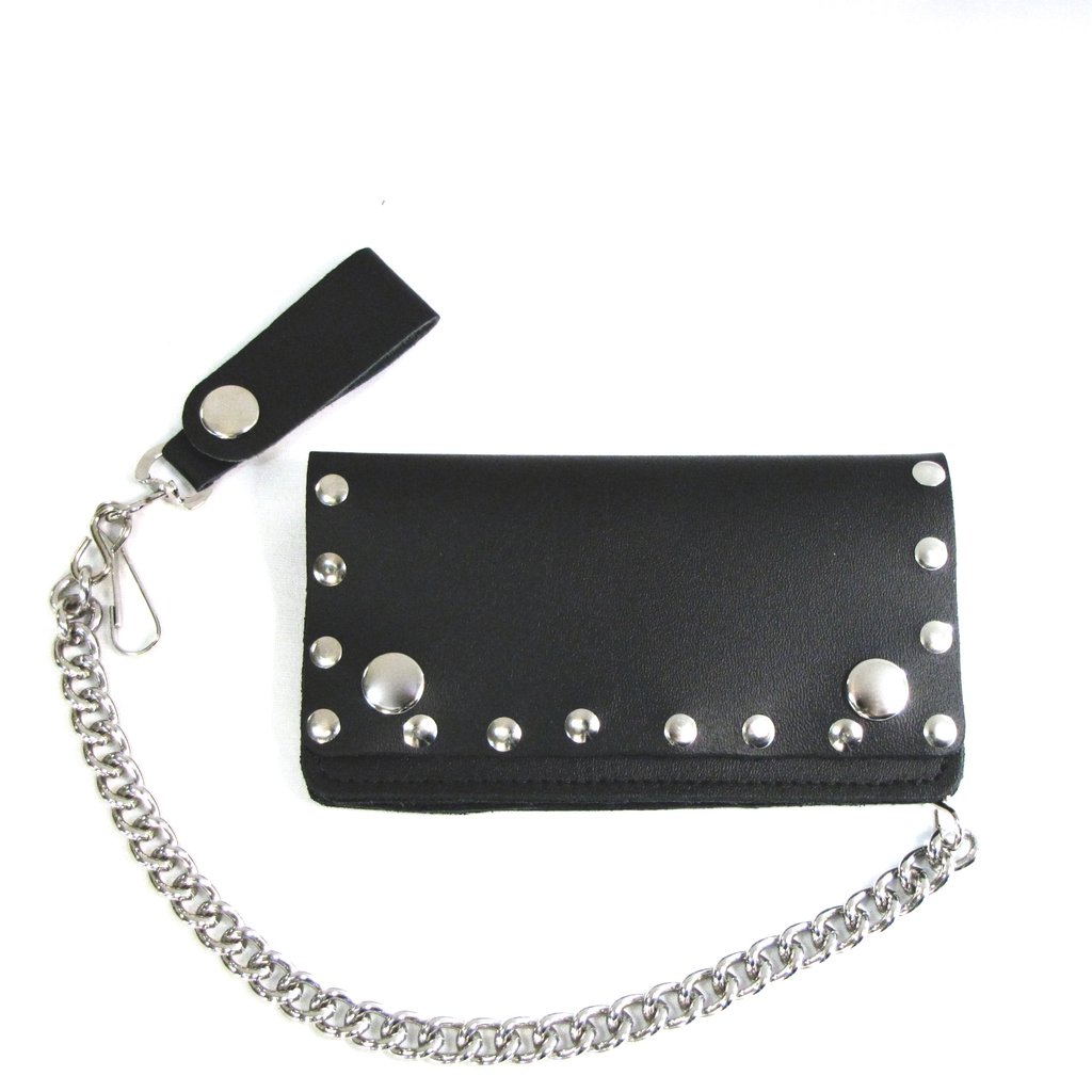 Black Studded Leather Bi-Fold Biker Trucker Chain Wallet